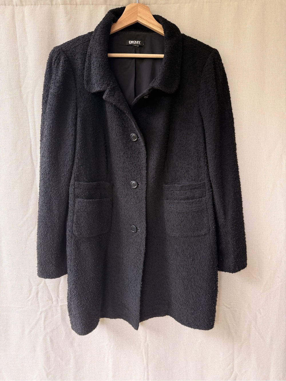 DKNY Black Bouclé Button-Up Pea Coat